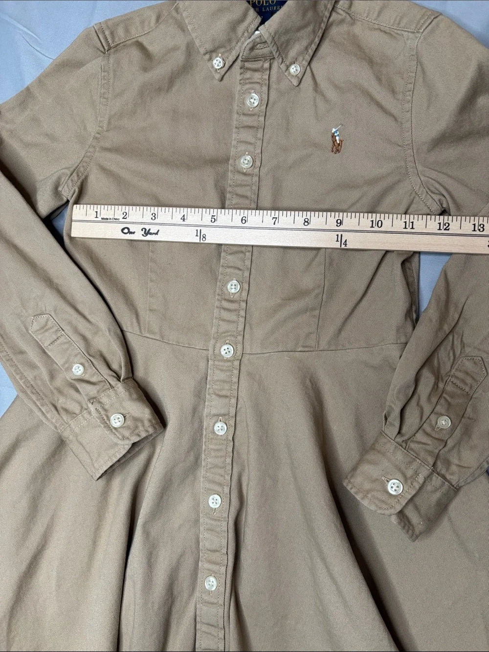Polo Ralph Lauren Tan Khaki Button-Front Shirt Flare Dress Pony Pockets Size 7
